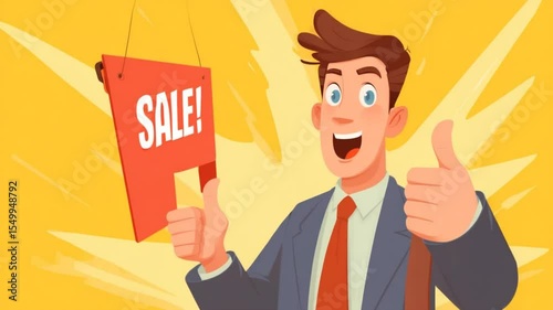 Excited Businessman Promotes a Sale with Thumbs Up Gesture and Cartoon Style Illustration