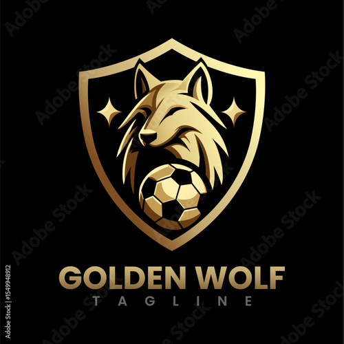 Golden Wolf Logo Featuring a Shield and a Soccer Ball Design