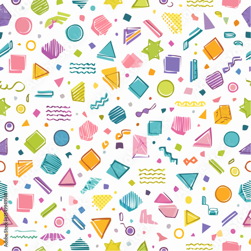 Colorful geometric shapes create a vibrant, playful pattern on a white background.