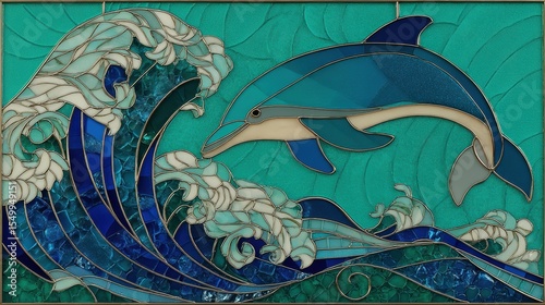 Stained glass image of a Playful dolphin leaping from turquoise waves with shimmering aqua and white tiles