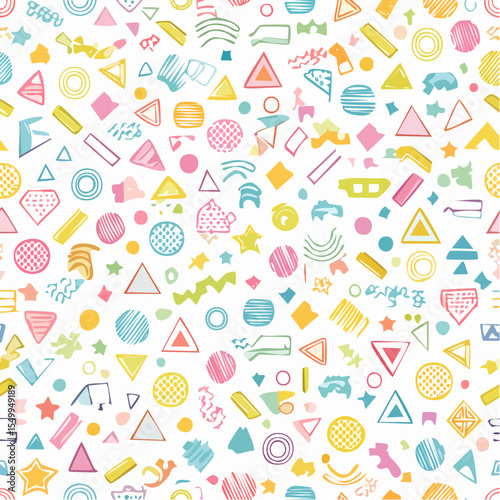 A vibrant, colorful, hand-drawn pattern featuring a variety of geometric shapes scattered across a white background.