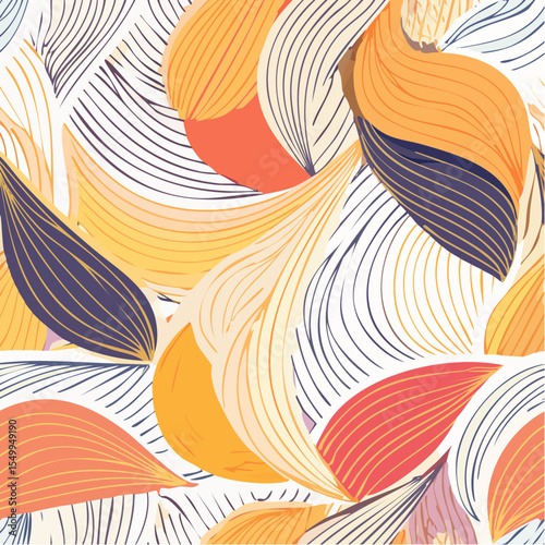 Abstract seamless pattern featuring stylized, colorful leaves with intricate line details on a white background.