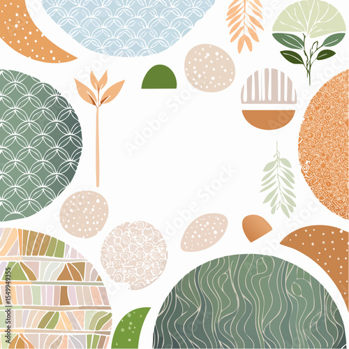 Abstract design with circles, shapes, and patterns, creating a minimalist frame around a white space.