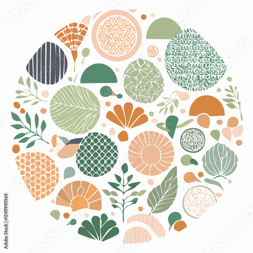 A circular arrangement of various abstract floral and organic shapes in pastel colors.