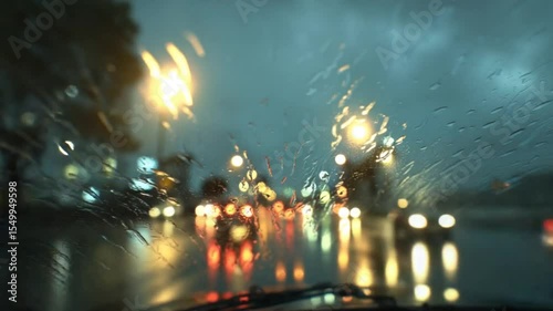 Mesmerizing bokeh lights and raindrops on a car windshield during a storm in the city