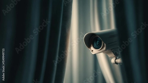 Security camera peeking through curtains, surveillance and protection system