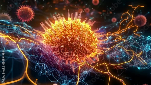 3D render of a virus cell or bacteria with glowing neurons, representing a microscopic view of a pathogen. Science and medical concept
