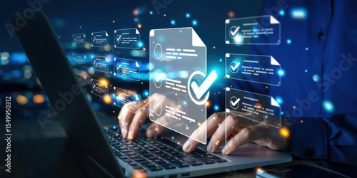A person uses a laptop to manage an online checklist. Concept of digital document approval, compliance, quality control, and workflow automation.