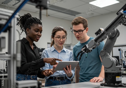 Students and engineers work together in a robotics lab, examining a robotic arm project.