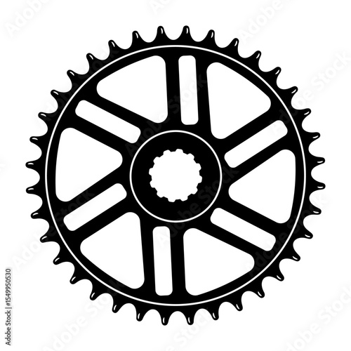 Bicycle Chainring Sprocket Vector Illustration. This black and white illustration depicts a detailed bicycle chainring sprocket with evenly spaced teeth around the outer edge.