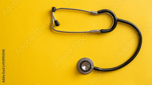 A black stethoscope with silver accents lying on a bright yellow colored background in a studio shot