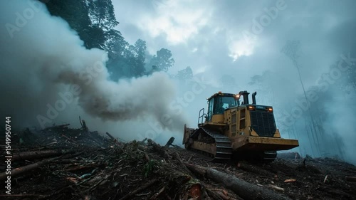 Heavy bulldozer clears a forest for new development, heavy machinery concept