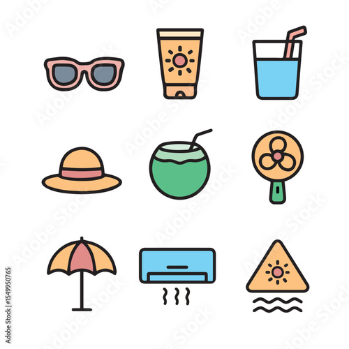 Vector art of  Summer Essentials, Sunglasses, Sunscreen, and Refreshing Drinks