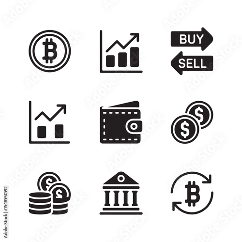 Cryptocurrency and finance icon set in black and white