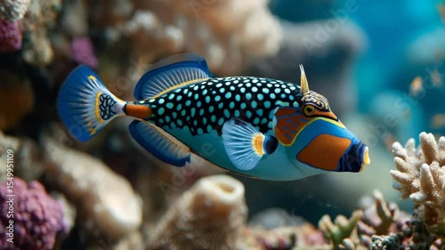 Exotic lagoon triggerfish swimming amidst colorful coral reef environment detail video