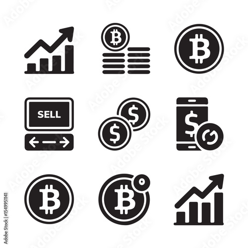 Cryptocurrency bitcoin and financial icons set