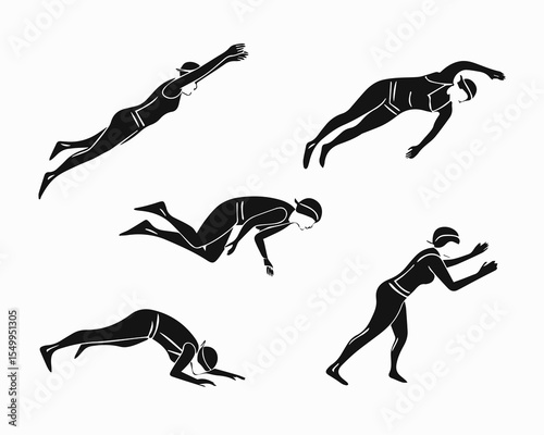 Black and White Illustration of Swimmer in Various Poses on a White Background