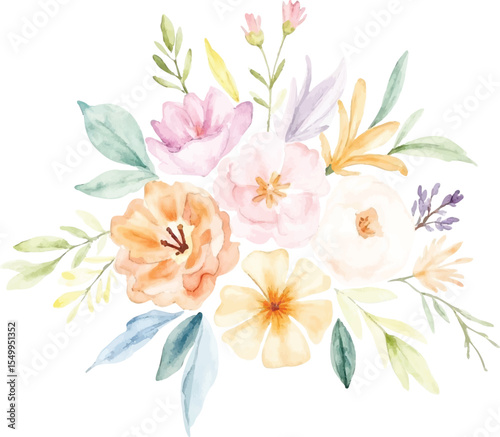 Soft watercolor floral arrangement with pastel hues and delicate greenery isolated on transparent background