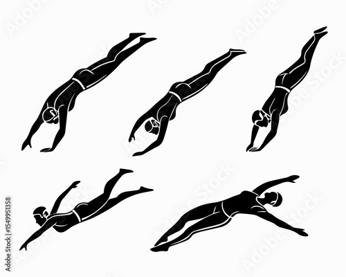 Black Silhouettes of Swimmers Diving Illustrating Different Poses and Angles of Entry