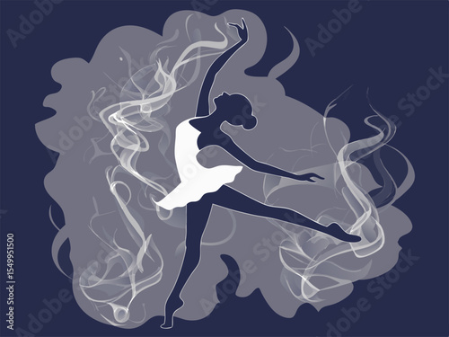 Elegant Ballerina Silhouette in White Dress Dancing Amidst Abstract Smoke