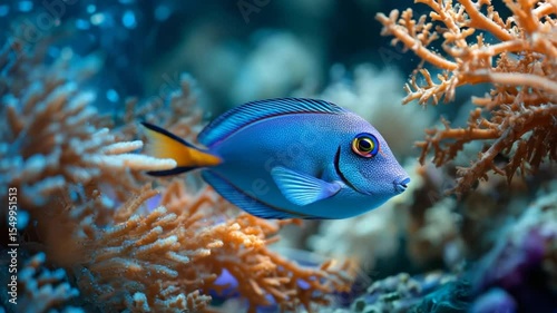 Powder Blue Tang amidst Colorful Coral Reef Ecosystem in a Captivating Aquatic Scene