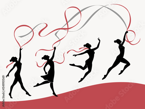 Rhythmic Gymnastics Silhouette Women Dancing with Ribbons in a Graceful Performance