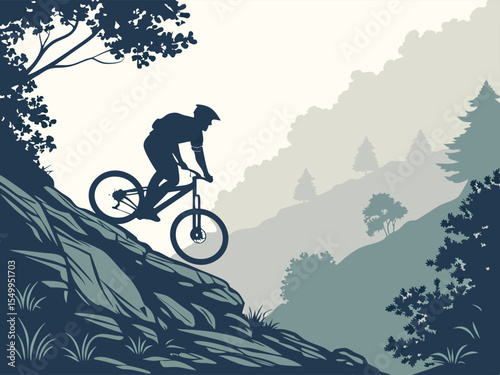 Mountain Biker Silhouette Riding Down a Steep Rocky Hillside in the Woods