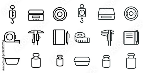 Measurement line icons set – linear, outline, weight and precision tools