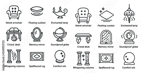 Home decor line icons set – outline, linear, interior and comfort symbols