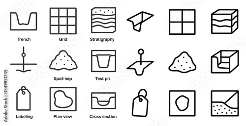 Archaeology outline icons set – linear, excavation, ancient site symbols
