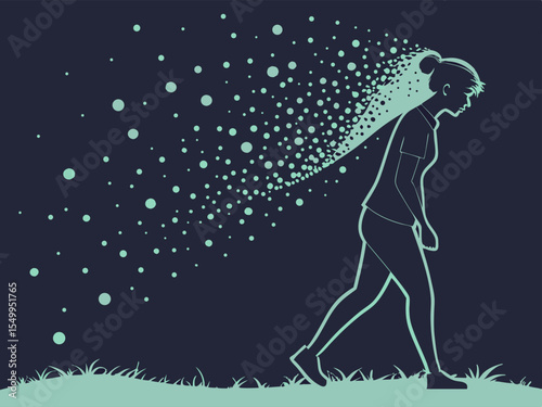 Woman Walking with Head Dissolving into Dots Representing Mental Health Issues