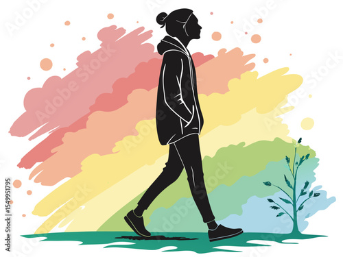 Silhouette of a Person Walking Against a Colorful Abstract Background