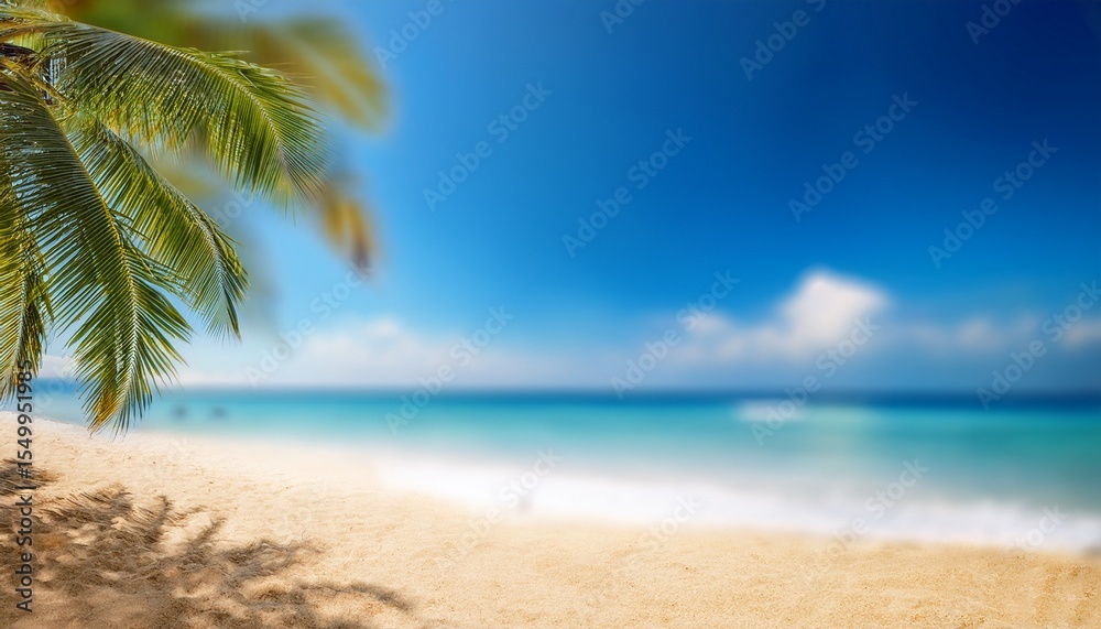 Fototapeta premium unfocused blurred beach background with blue sea and palm trees