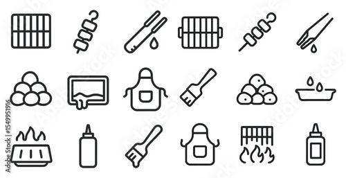 Barbecue and cooking outline icons set – grill, food, kitchen utensil symbols