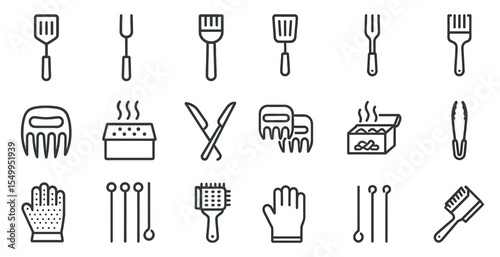 Barbecue and grilling line icons set – outline, flat, cooking tools and utensils