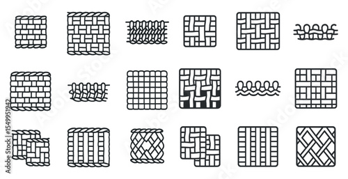 Textile patterns outline icons set – line, linear, weaving and fabric symbols