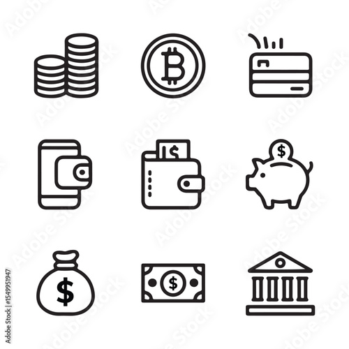 Financial icons including bitcoin and banking elements