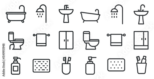 Bathroom fixtures outline icons set – minimal, linear, plumbing and decor graphics