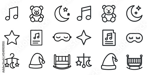 Baby nursery outline icons set – linear, infant, bedtime and lullaby symbols