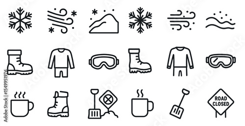Winter sports line icons set – outline, linear, skiing and snowboarding symbols