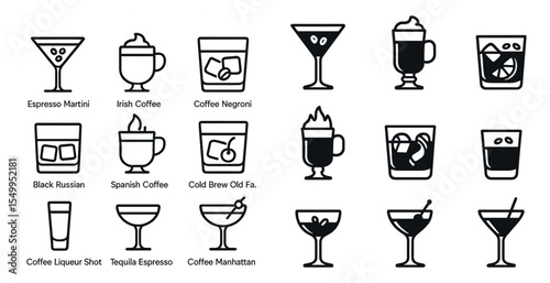 Cocktail and drinks icons set – silhouette, outline, bar and beverage graphics