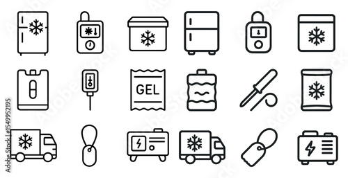 Cold storage outline icons set – line, refrigeration, temperature control symbols