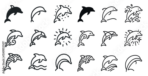Dolphin line icons set – linear, outline, marine and sea life symbols