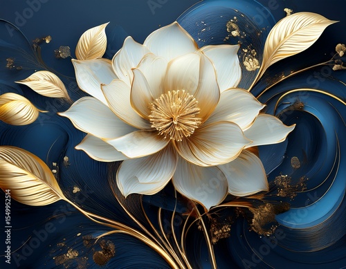a wallpaper 3d botanical flowers with one big flower for whole artwork flowing alcohol ink style bioluminescence navy blue background white gold