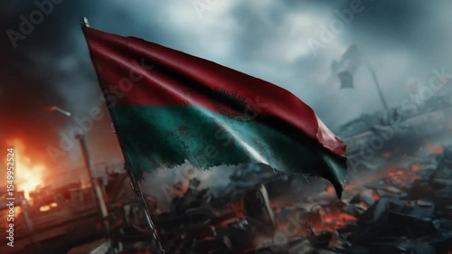 Waving flag flutters amidst post-apocalyptic landscape, symbol of resilience and hope