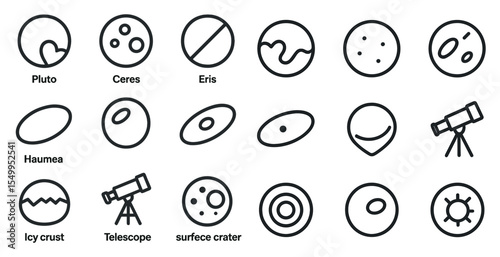 Space exploration outline icons set – planets, astronomy, celestial symbols