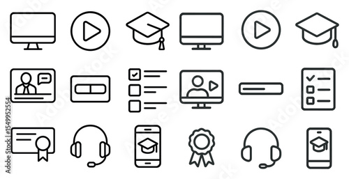 Online education line icons set – e-learning, digital study tools, outline graphics