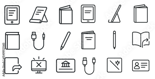 E-book and reading outline icons set – line, digital, learning and literature symbols