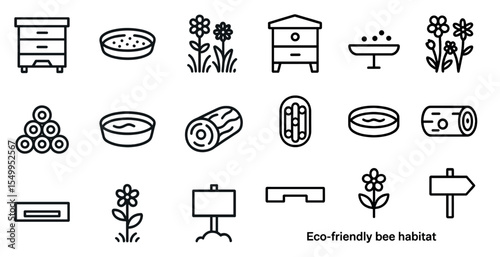 Bee and beekeeping outline icons set – linear, silhouette, hive and pollination symbols