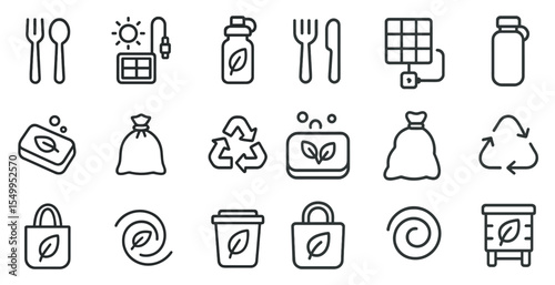 Eco-friendly outline icons set – sustainable, recycling, green lifestyle symbols